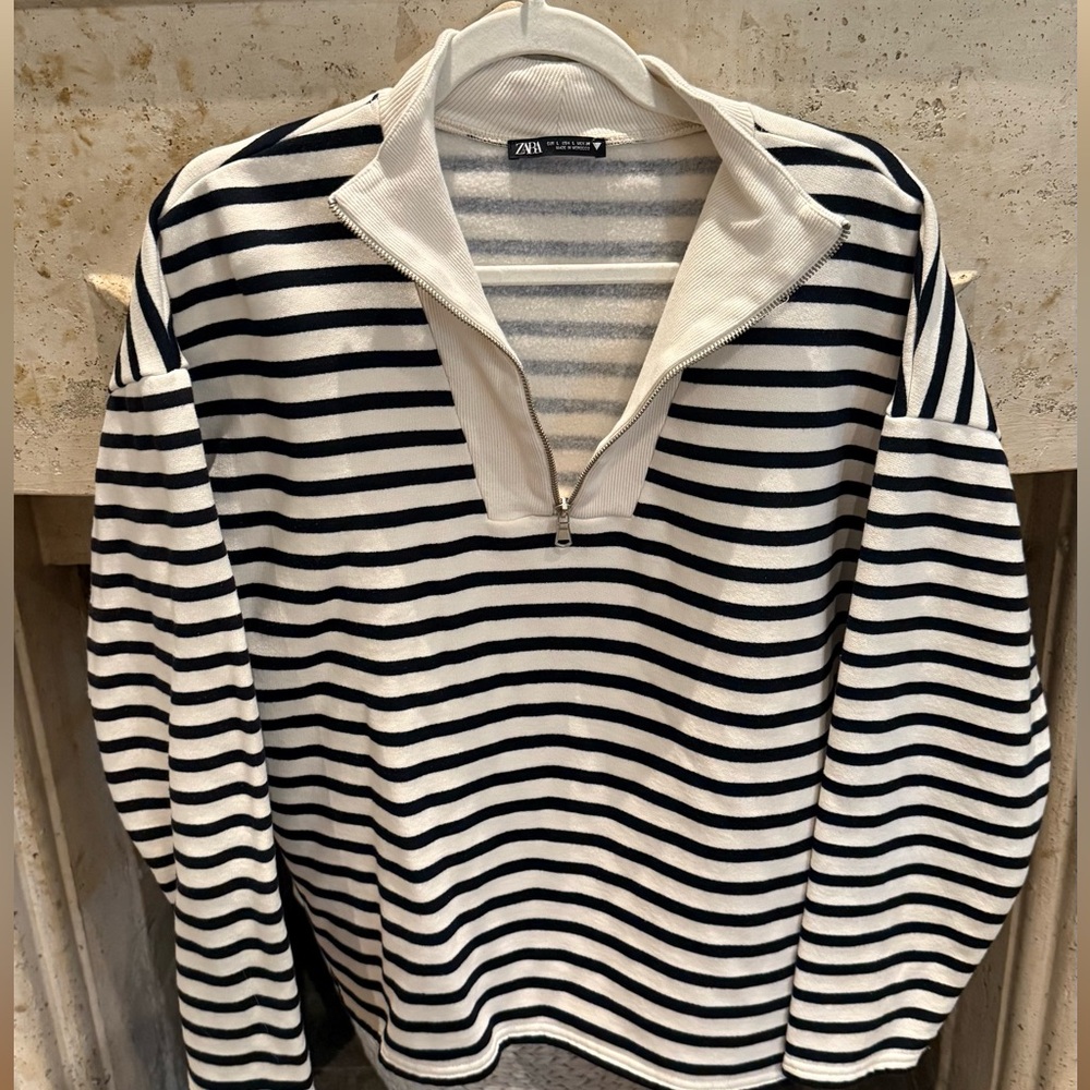 Zara  Zip-Up Striped Sweater - Black and White